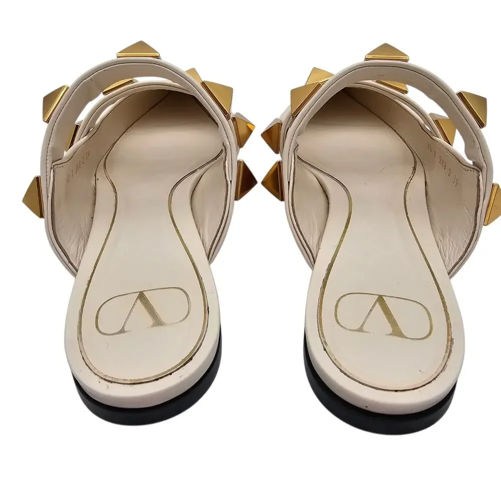Valentino Garavani Roman Stud Flat Cage Mule Slide White Leather Gold Size 39 9
